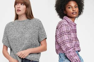 to the left: a model in a gray t-shirt sweater, to the right: a model in a purple flannel top