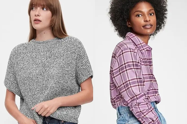 to the left: a model in a gray t-shirt sweater, to the right: a model in a purple flannel top