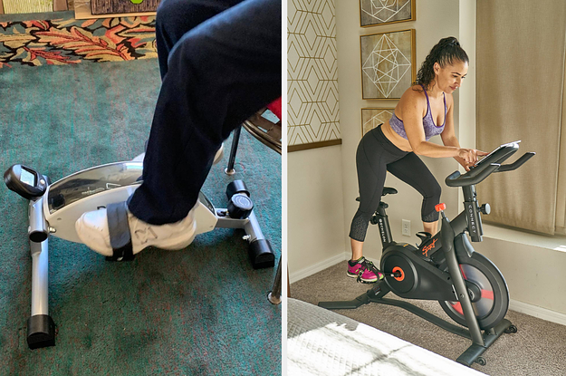 L: Reviewer strapped into under-the-desk bike R: Model on upright stationary bike