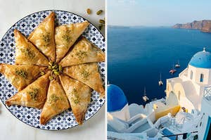 Baklava on a plate and Santorini by the sea