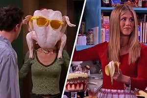 Monica with a turkey on her head side by side with rachel making her trifle
