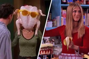 Monica with a turkey on her head side by side with rachel making her trifle