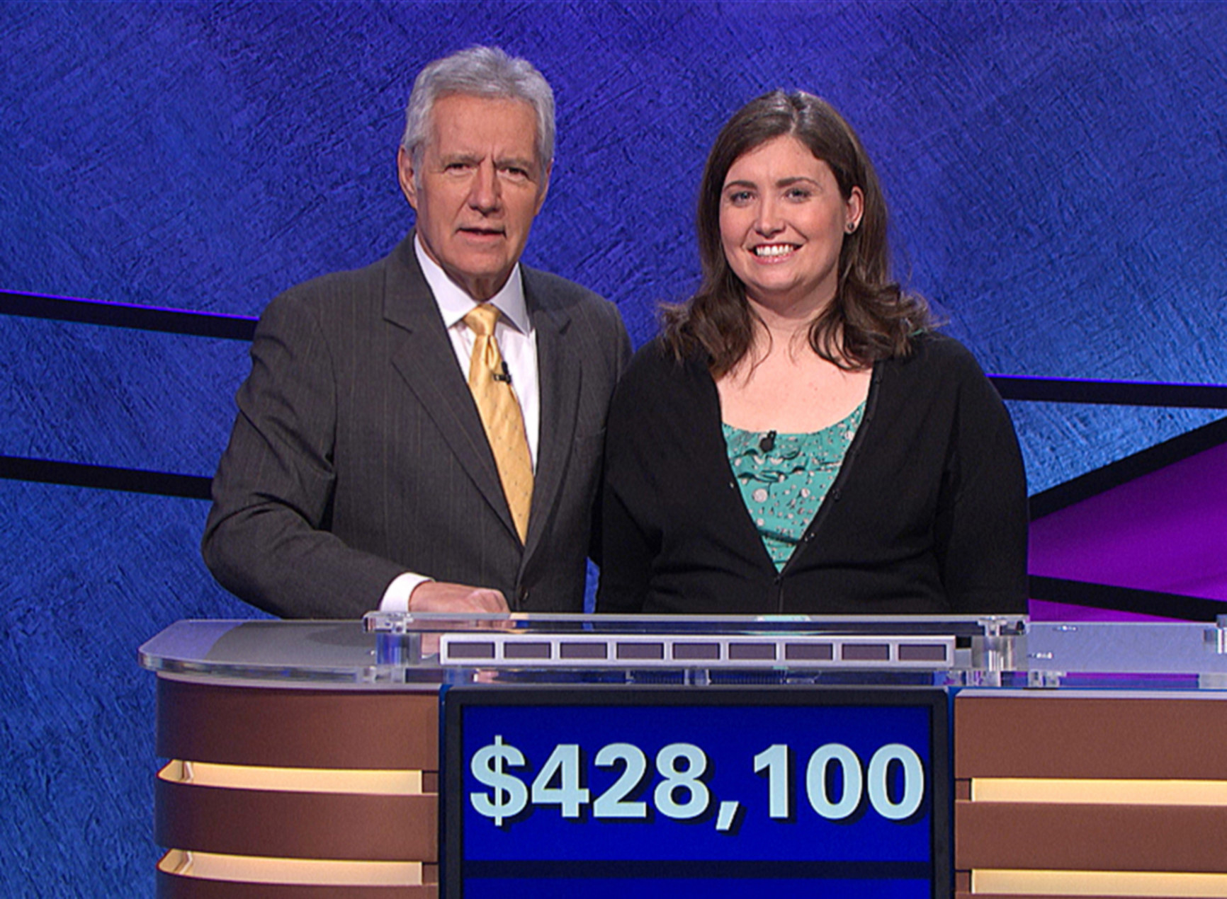 Jeopardy host Alex Trebek, contestant Julia Collins