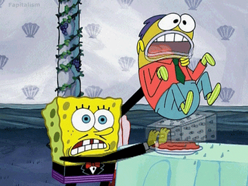 GIF of SpongeBob SquarePants grating another character&#x27;s butt over a plate of food