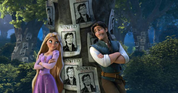 A photo of Rapunzel and Flynn Rider standing in front of a tree covered in his Wanted posters