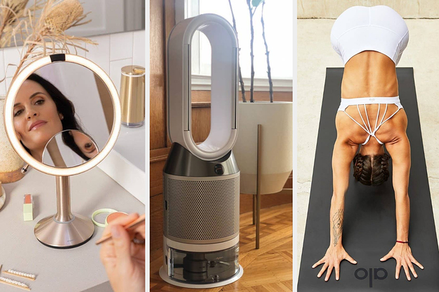 A model looking into a lit vanity mirror, a dyson air purifier, a person using a yoga mat to stretch