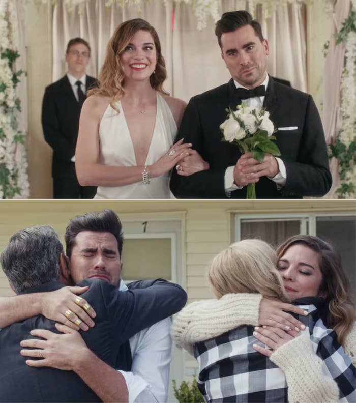 Alexis walking David down the aisle and Alexis and David hugging Johnny and Moira