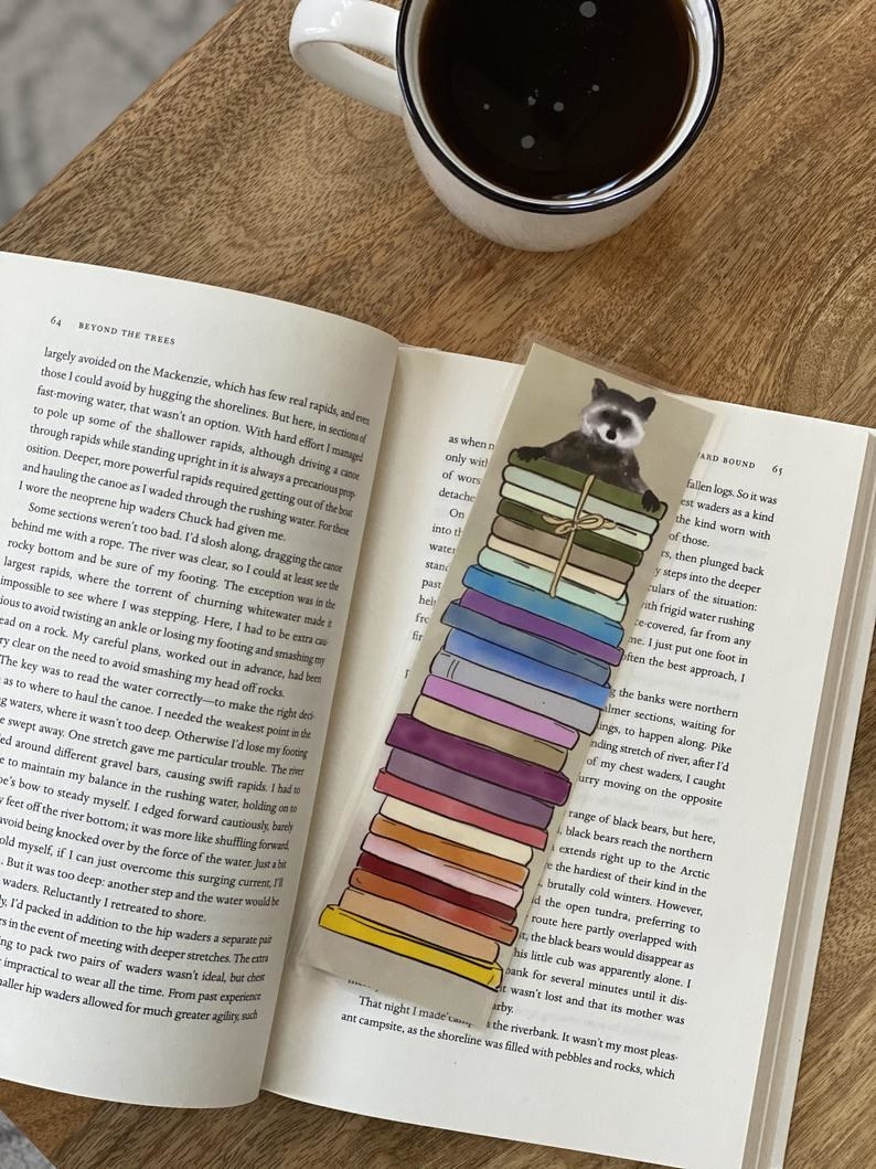 A bookmark of a raccoon on a stack of books