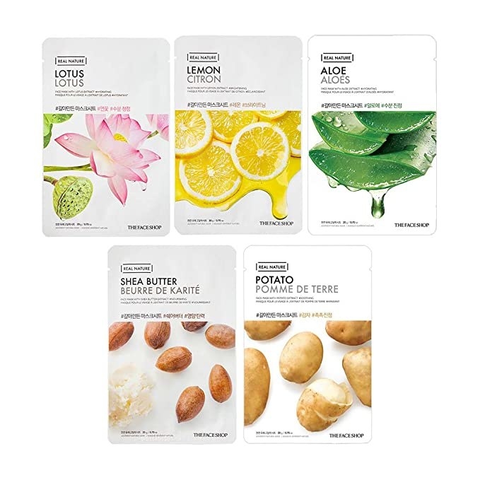 Face masks in Lotus, Lemon, Aloe, Shea Butter, and Potato variants