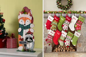 A woodland creatures holiday sign and decorative stockings hanging on a fireplace