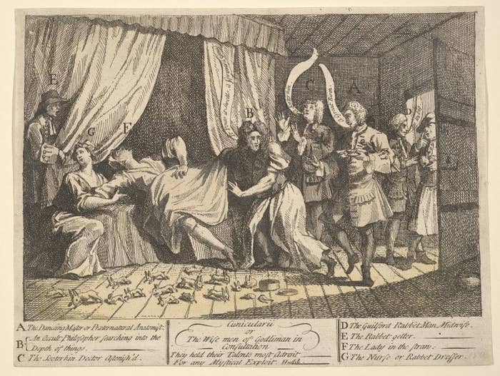 A woman is laying on her back apparently in labour with rabbits running around her feet while people stand around her and exclaim in shock