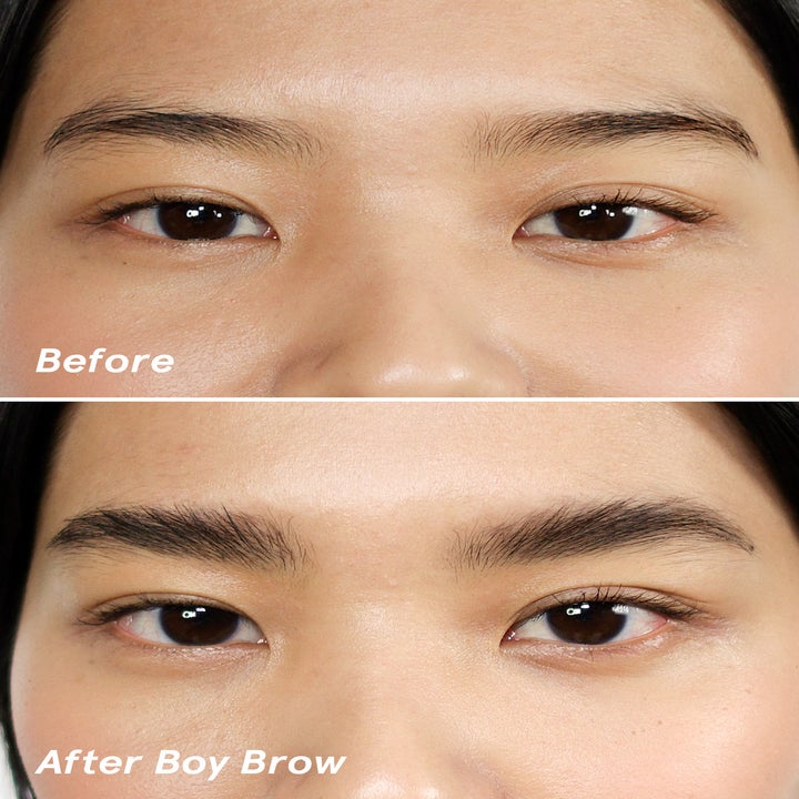 on top labeled "before" a model with natural brows, on the bottom labeled "after boy brow" the same model with fluffier, darkened brows