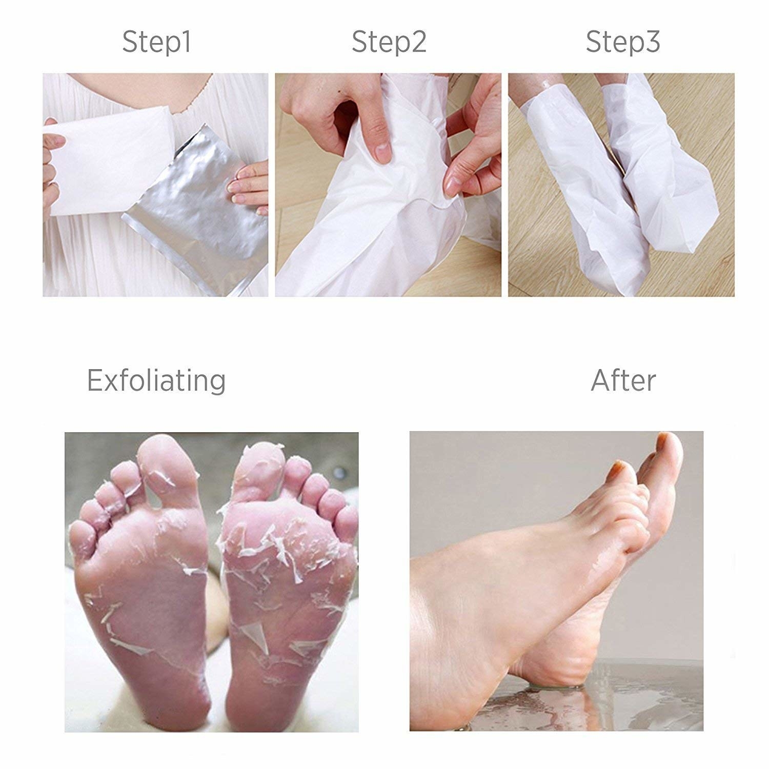 Images depicting a model putting the boot-shaped masks on their feet, the dead skin shedding from their feet, and an after image of their feet smooth 