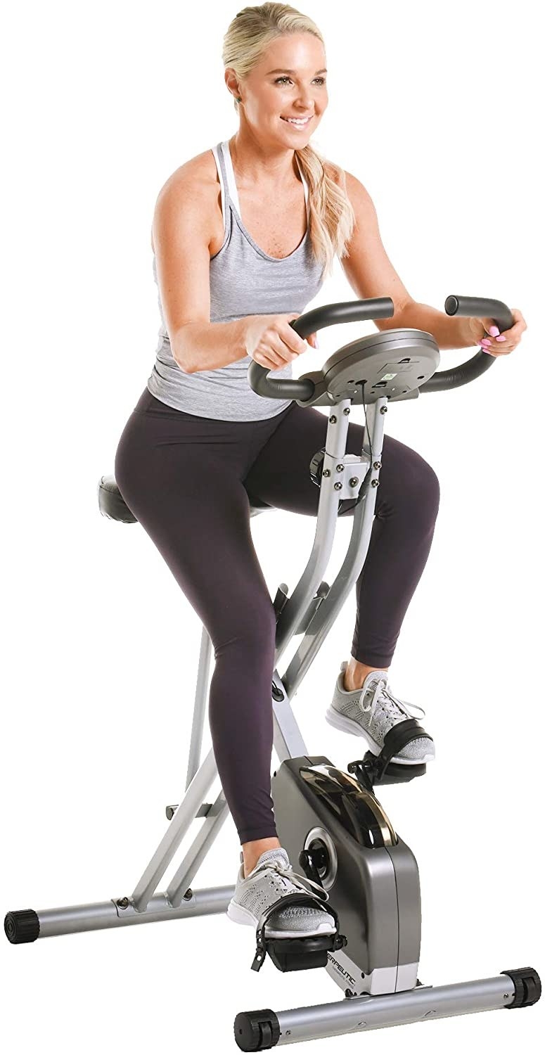 model on stationary exercise bike