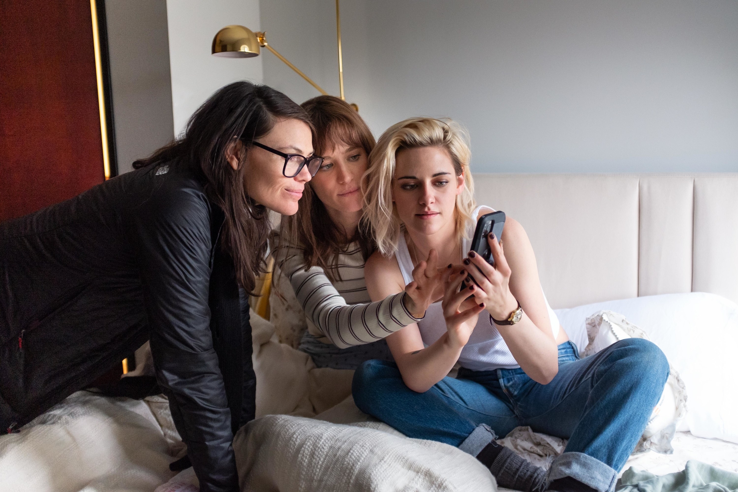 Kristen Stewart, Mackenzie Davis, and Clea DuVall behind the scenes of &quot;Happiest Season&quot;