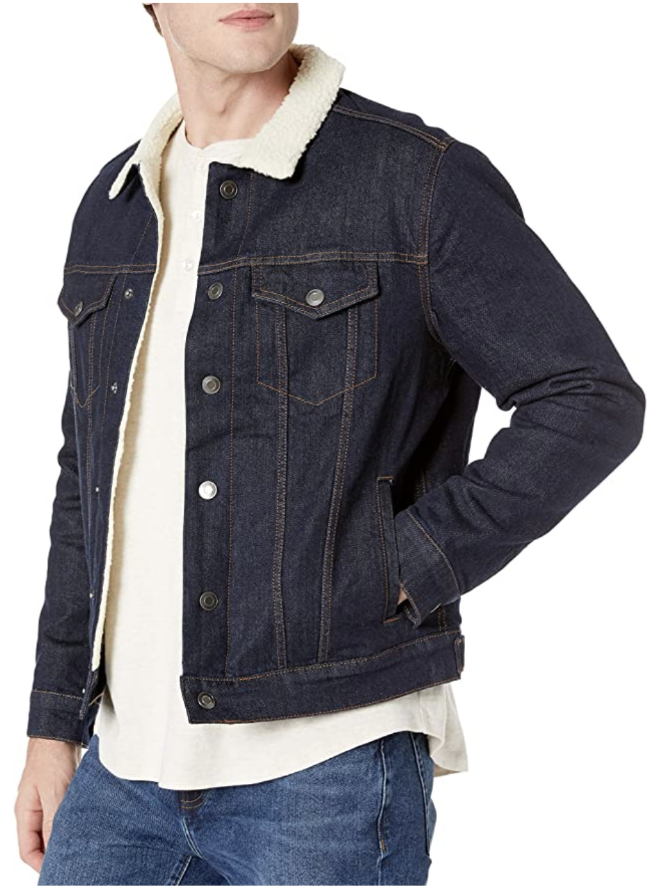 model in dark denim button up sherpa lined jacket with collar 