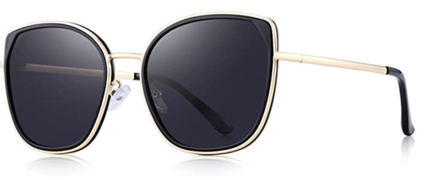 Black polarized cat eye sunglasses with gold rims 