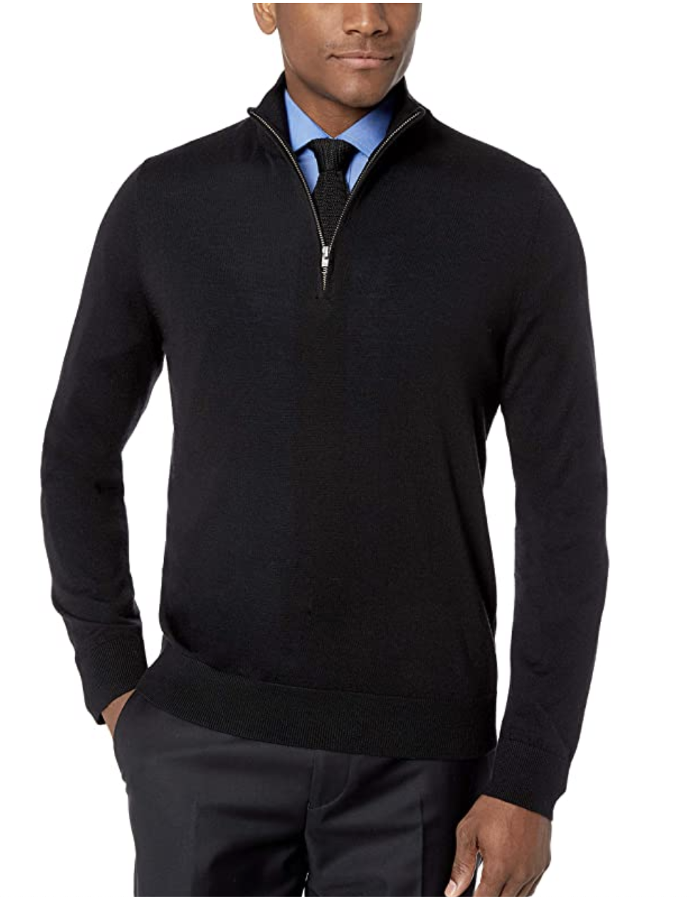 model in a black quarter zip sweater 