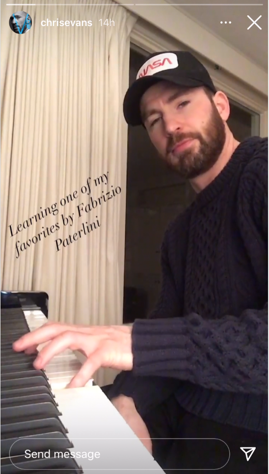 Chris at the piano with the caption "Learning one of my favorites by Fabrizio Paterlini"