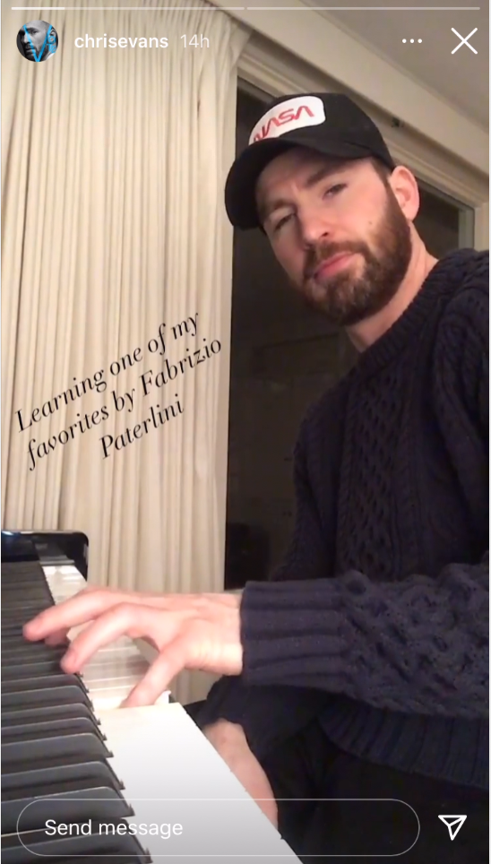 Chris at the piano with the caption &quot;Learning one of my favorites by Fabrizio Paterlini&quot;