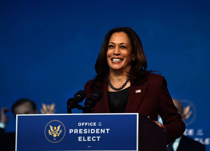 Kamala Harris speaking from a podium