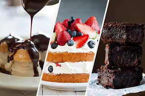 Chocolate covered cream puffs, berries and cream cake, and fudge brownies