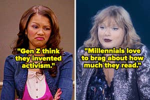 On the left is Zendaya, captioned "Gen Z think they invented activism" and on the right is Taylor Swift, captioned "Millennials love to brag about how much they read"