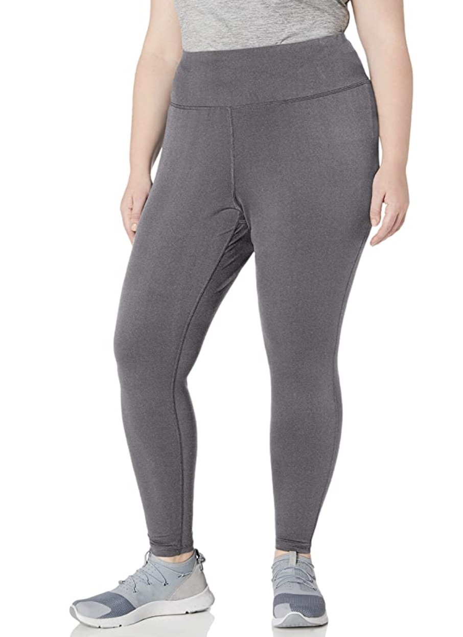 Model in a pair of gray leggings 