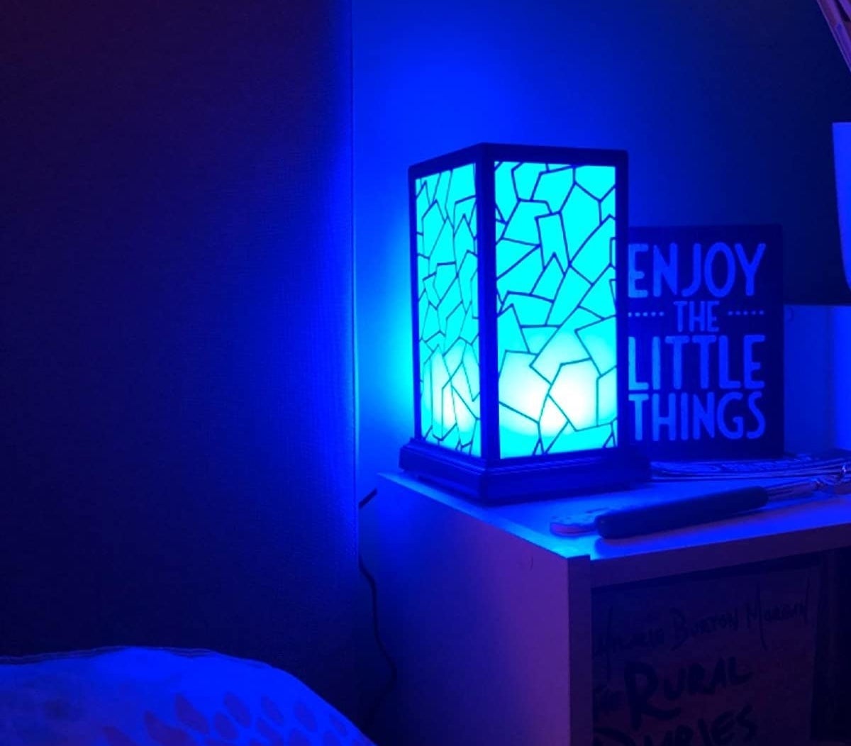 Reviewer image of one lamp illuminated with a blue light