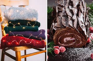 Christmas sweaters in lights and yule log