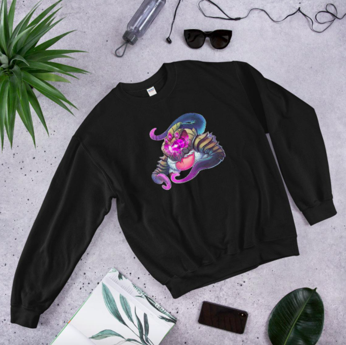A flatlay of a sweatshirt with the League of Legends logo on the front