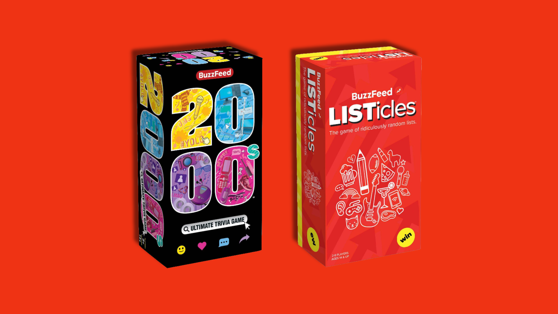 Two card game boxes on a red background.