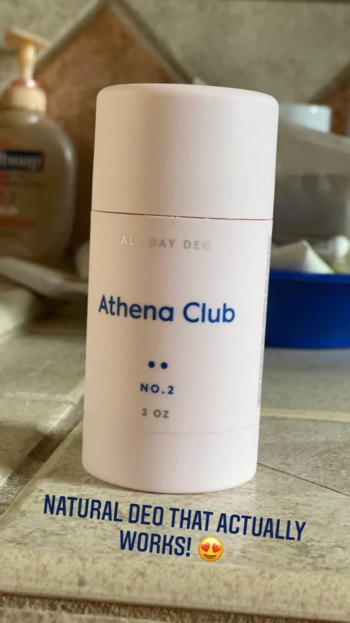 A reviewer&#x27;s photo of their deodorant with the caption: &quot;natural deo that actually works&quot;