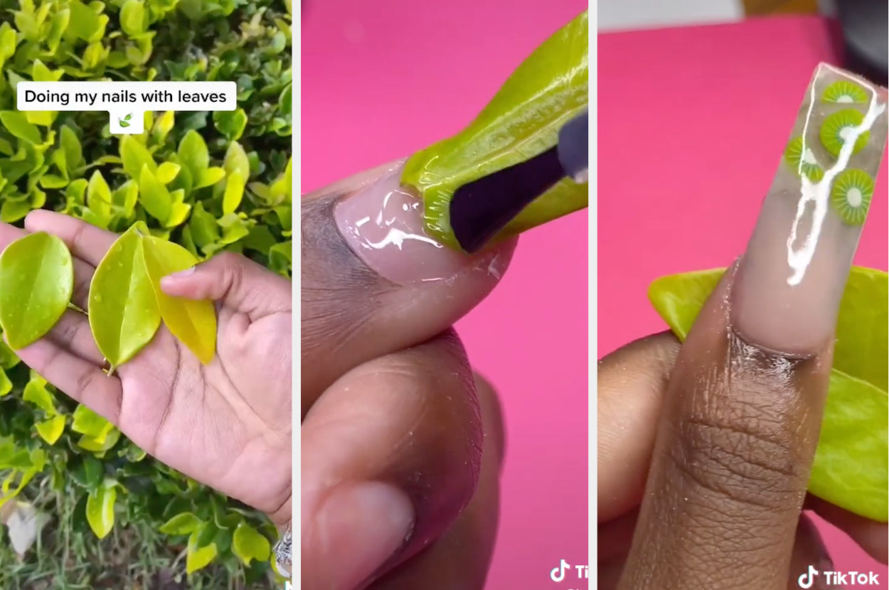 Chrysta gathers leaves from a bush, applies a leaf to her nail, then shows off the finished look: an ombre nail with kiwi details