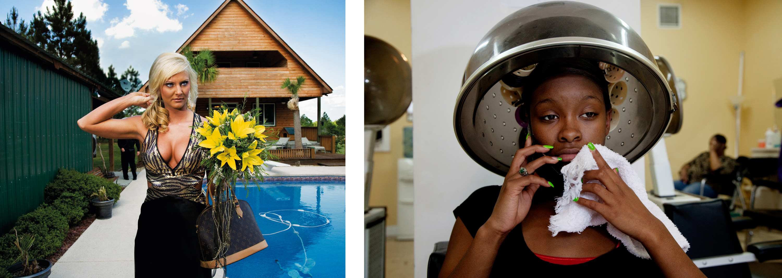 A white girl in a prom dress with yellow flowers in front of a pool; a black girl with green nails under a heater at a hair salon