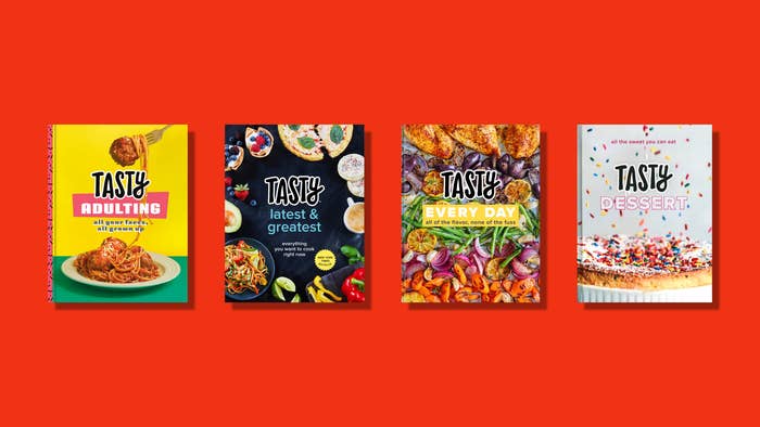 Four cookbook covers on a red background.