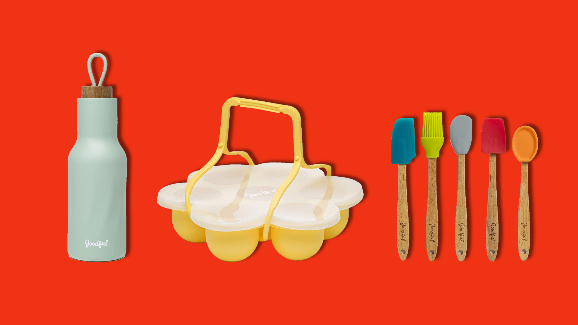 A water bottle, an egg mold, and miniature kitchen tools on a red background.