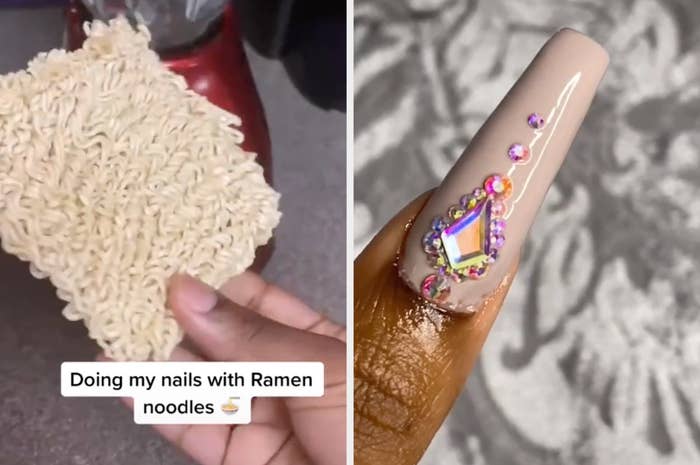 Chrysta holds instant ramen with the caption &quot;doing my nails with ramen noodles&quot; then shows the finished product: perfectly polished jeweled nails