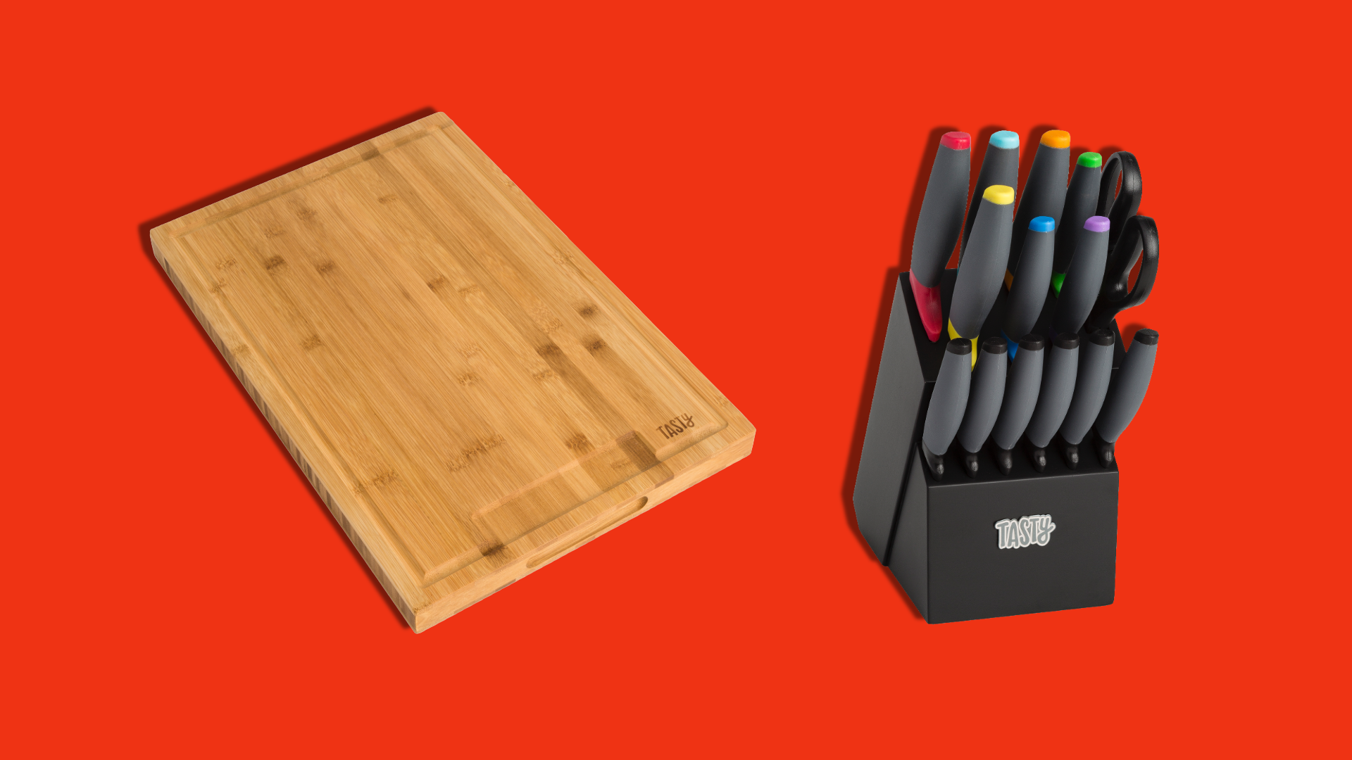 A wooden cutting board and a knife block on a red background.