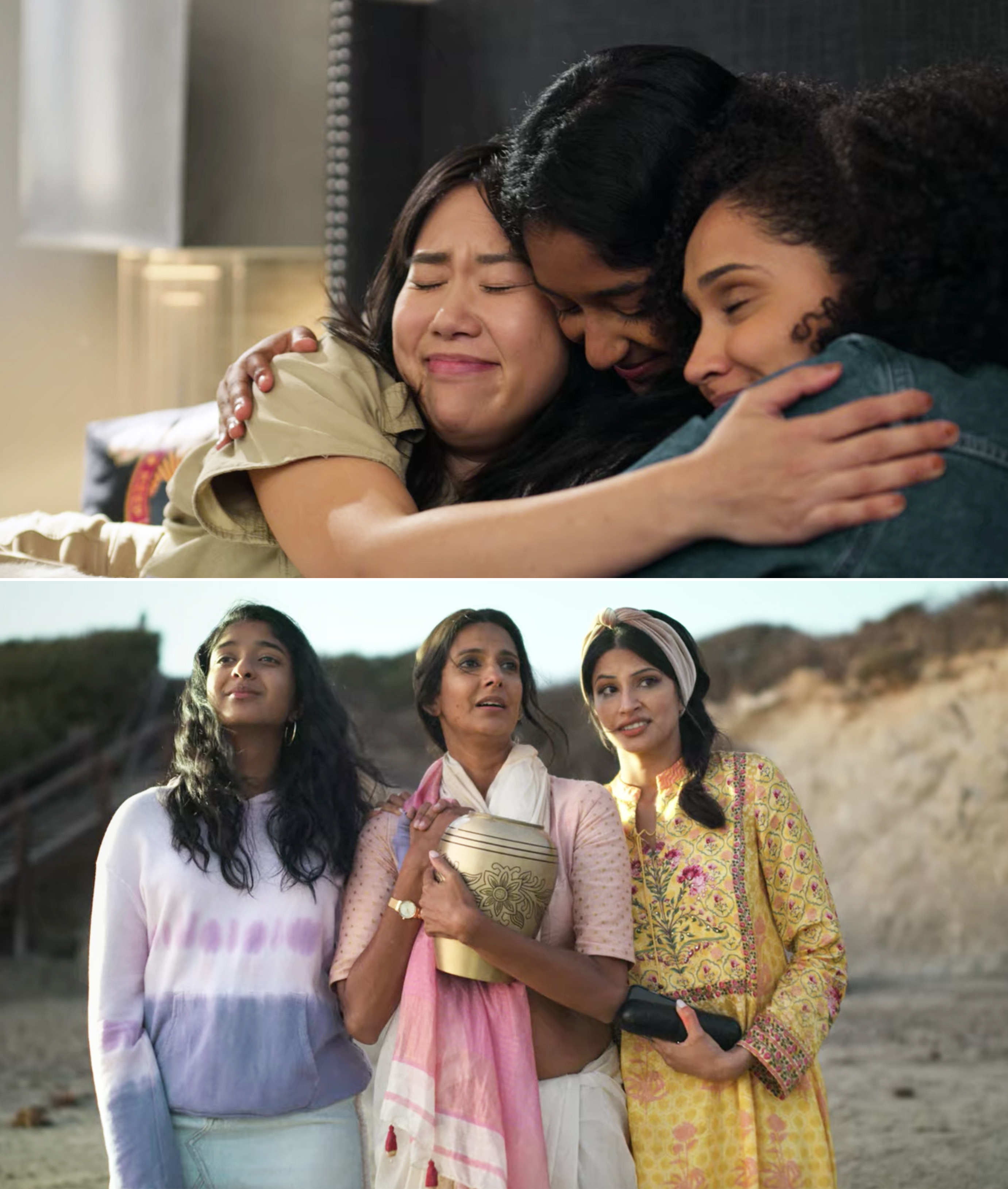 Devi, Fabiola and Eleanor hugging, and Devi standing on the beach with her mom and Kamala