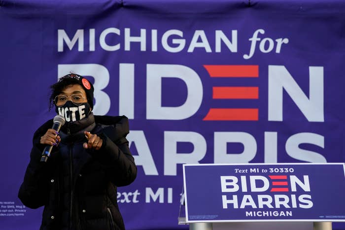 Actress Kerry Washington addresses the audience during canvas launch event at the parking lot of the 14th District Democratic Party Headquarters on Monday, Nov. 2, 2020 in Detroit, MI