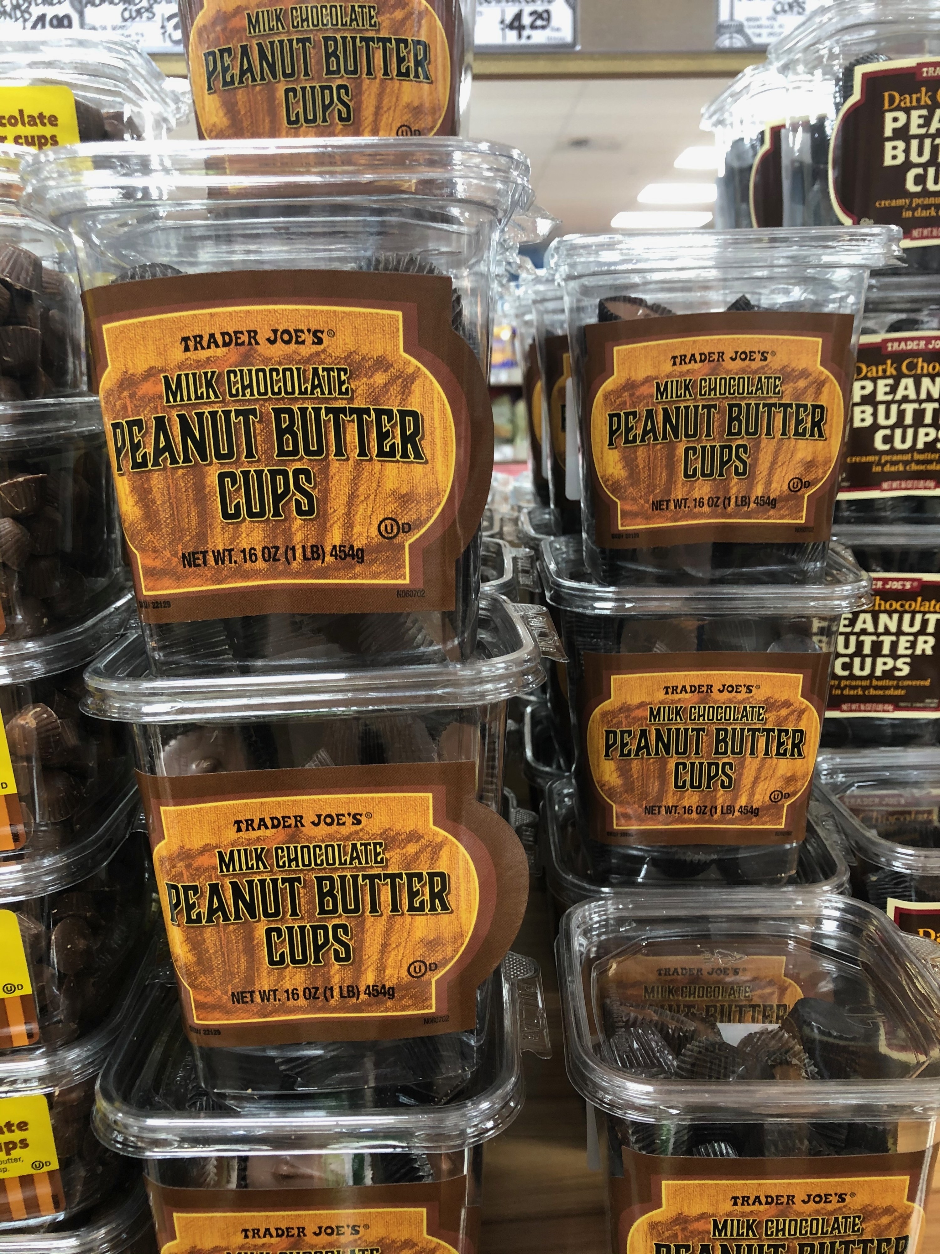 Boxes of Trader Joe&#x27;s Milk Chocolate Peanut Butter Cups on the shelf