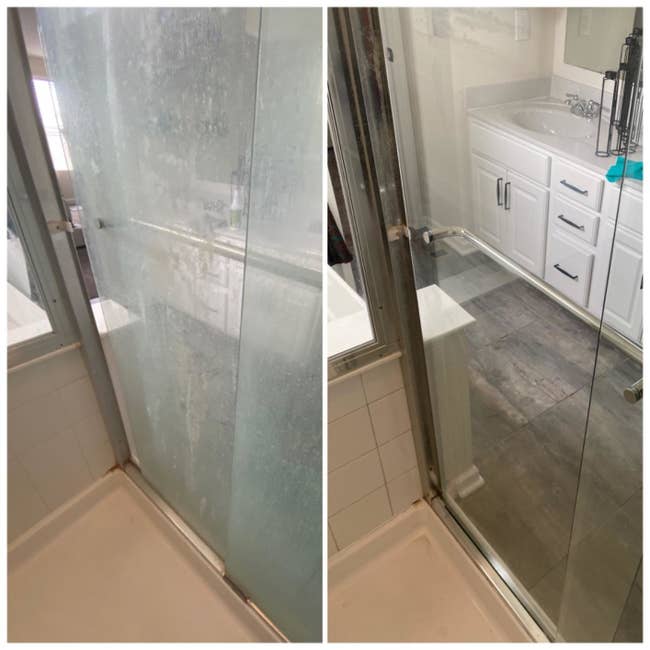 A reviewer's before and after showing how it removed the water stains from a shower door making it clear again