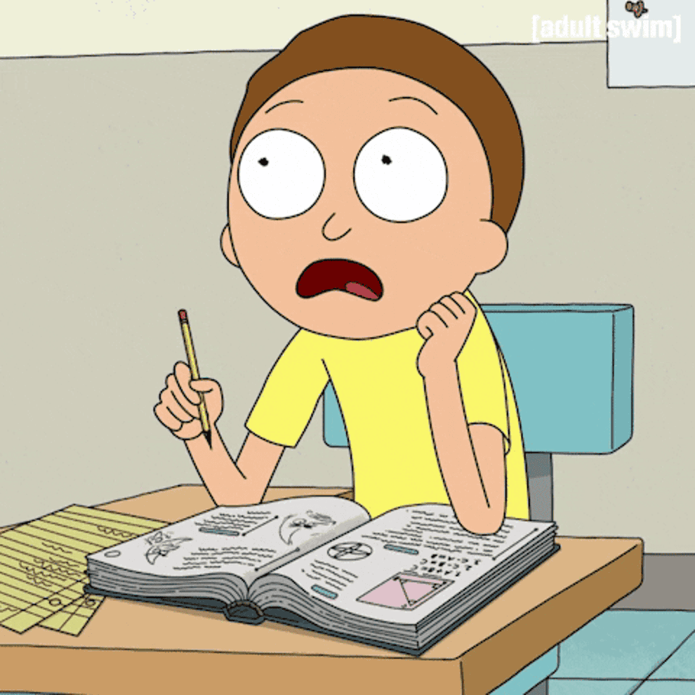 Rick from Rick and Morty dropping his pencil out of surprise