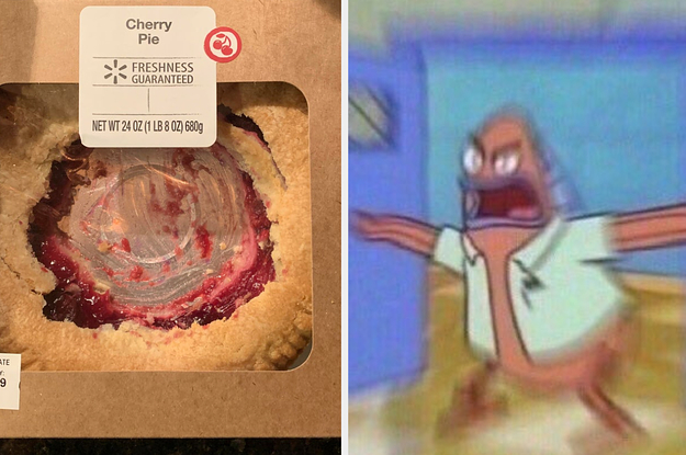 A cherry pie eaten from the middle and an angry Spongebob character looking at it