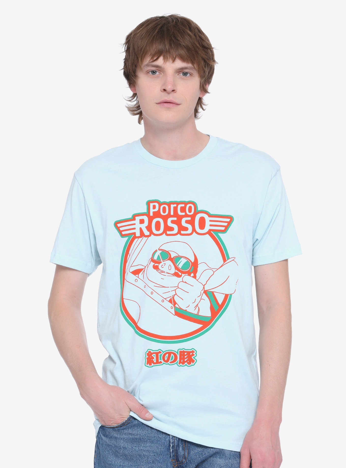 a model in a white t-shirt with porco rosso on it 