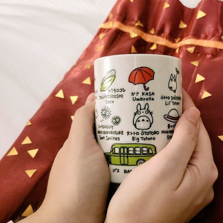 a reviewer holding the mug in their hands with different icons on it from my neighbor totoro 