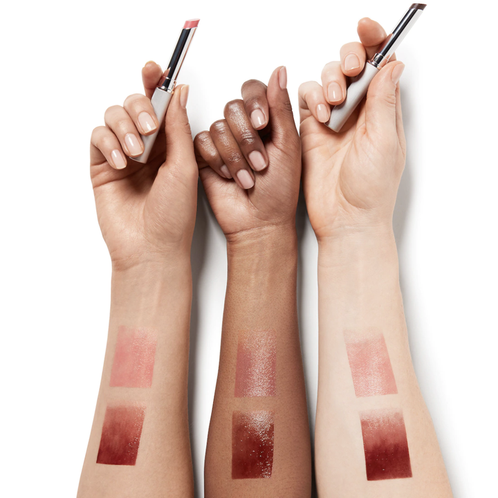 the two shade swatches on different skin tones
