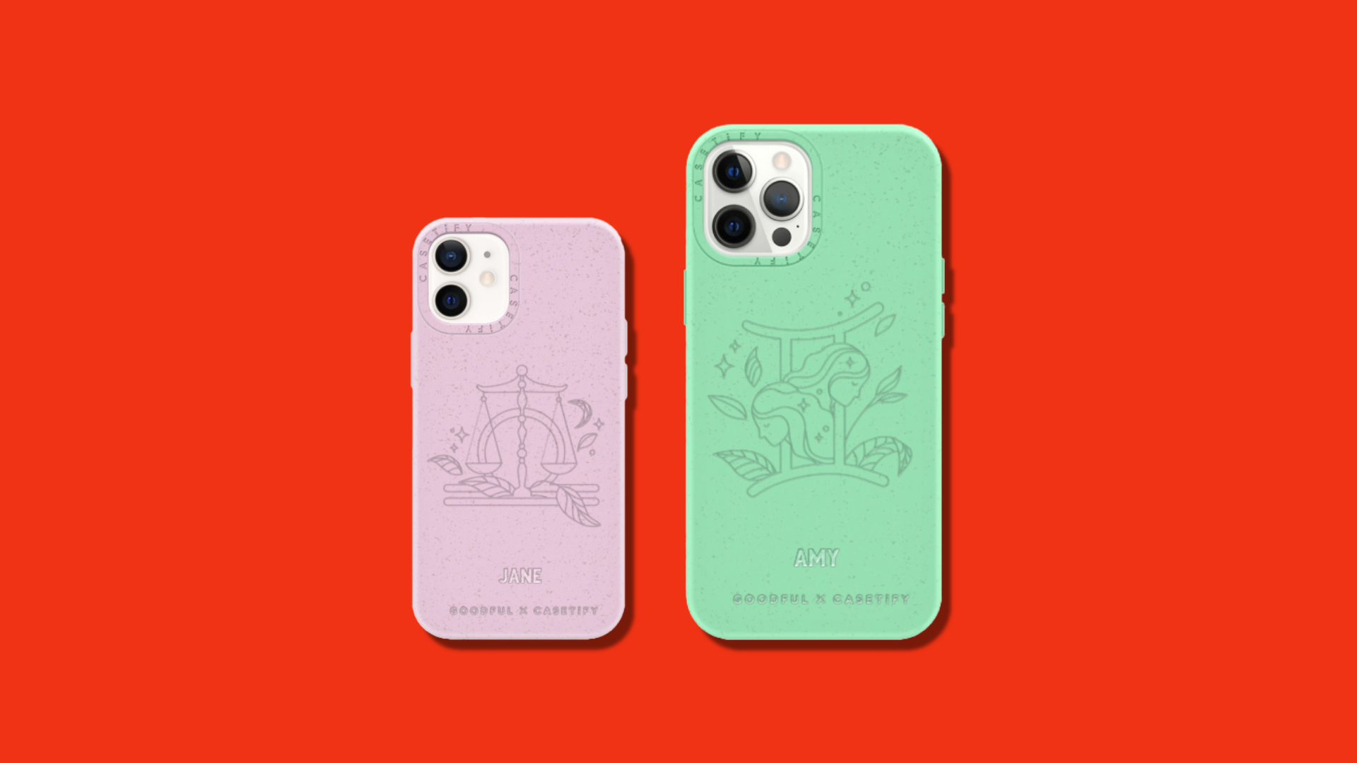 An iPhone 12 mini and iPhone 12 Pro Max case on a red background.