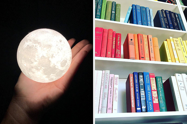 on left reviewer holding a moon and on right multi-colored books